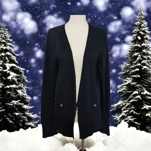 Carducci Cardigan XL Sweater Black Rib Knit Long Sleeve Beaded Neckline Grommets - Picture 16 of 16